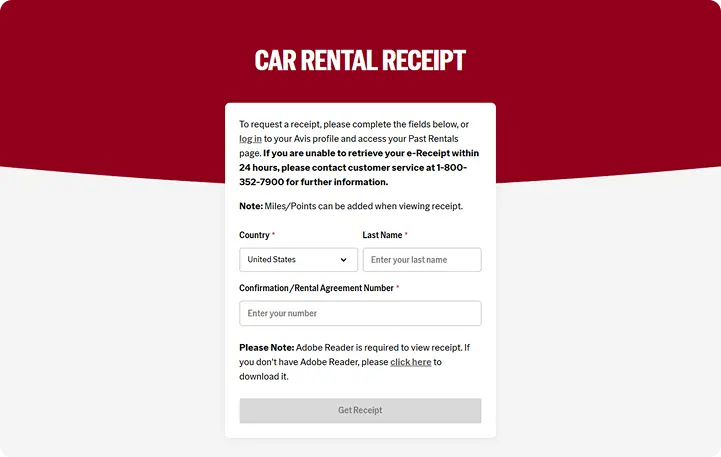 Avis car rental receipt form