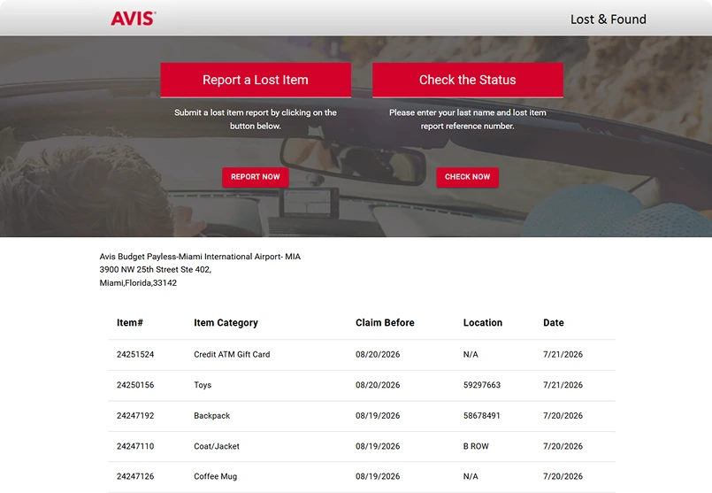 Avis Lost and Found 遺失物届け出画面