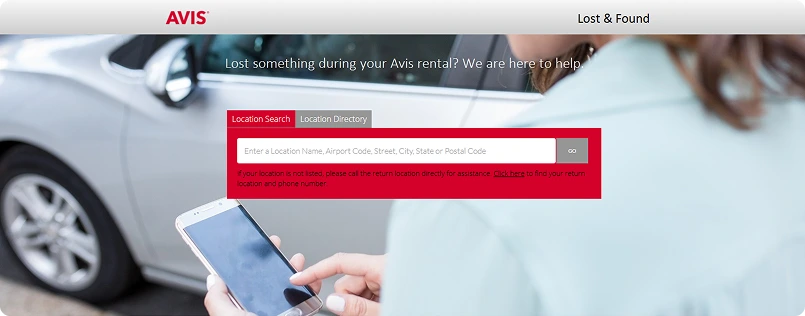 Avis Lost and Found 営業所検索画面