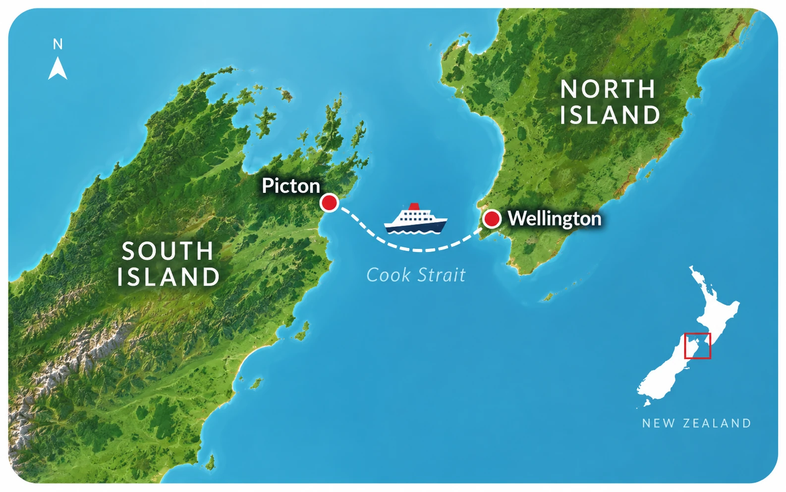 Map of the Cook Strait ferry crossing between Wellington on the North Island and Picton on the South Island